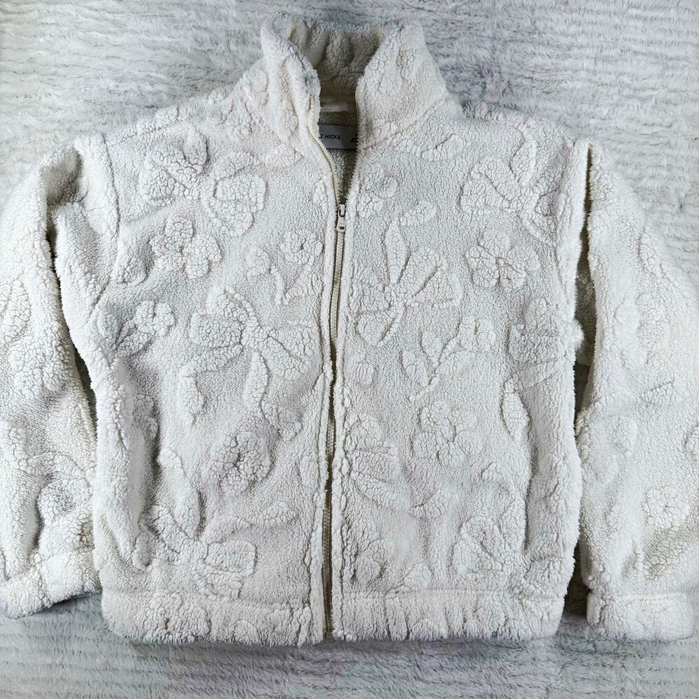 Gilly Hicks Hollister White Floral Full Zip Collared Fleece Jacket Women’s Sz SM